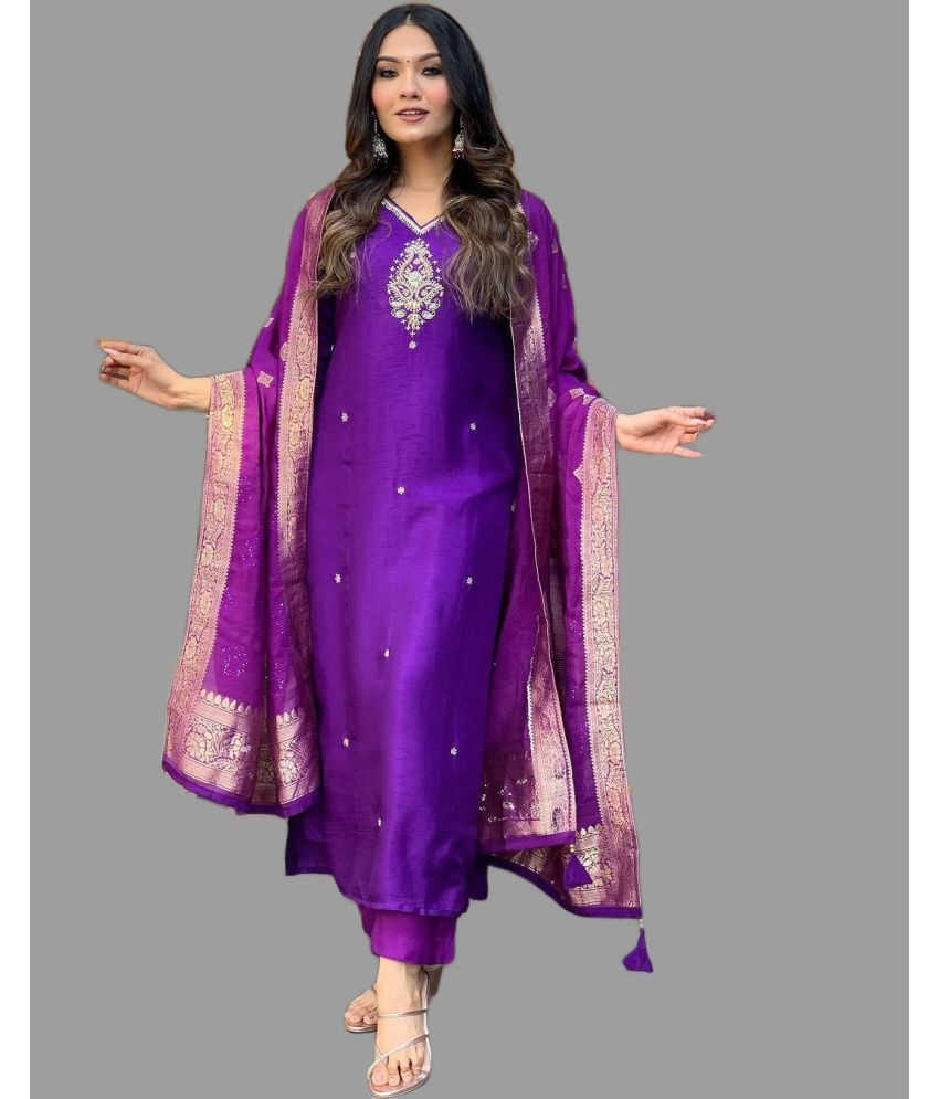     			MEHZEEL FAB Silk Blend Embroidered Kurti With Pants Women's Stitched Salwar Suit - Purple ( Pack of 1 )