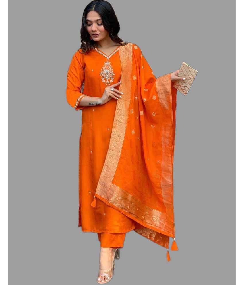     			MEHZEEL FAB Silk Blend Embroidered Kurti With Pants Women's Stitched Salwar Suit - Orange ( Pack of 1 )