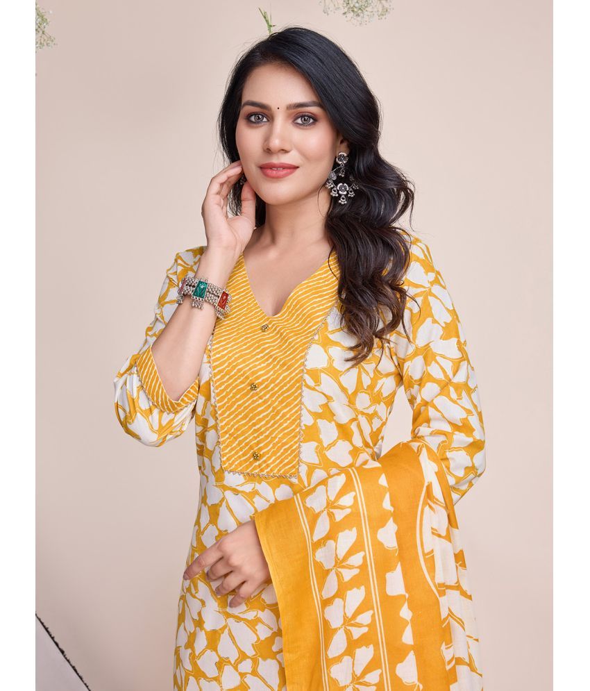     			MOJILAA Cotton Printed Kurti With Salwar Women's Stitched Salwar Suit - Yellow ( Pack of 1 )