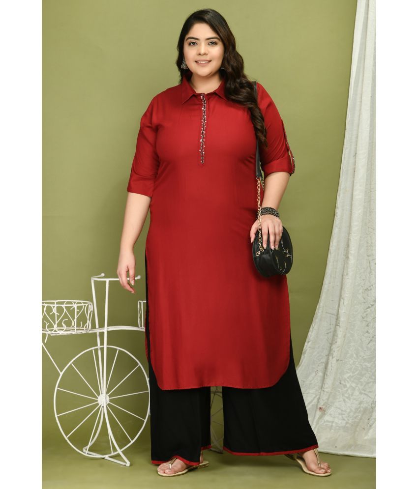     			PrettyPlus by Desinoor.com Rayon Embroidered Kurti With Palazzo Women's Stitched Salwar Suit - Maroon ( Pack of 1 )