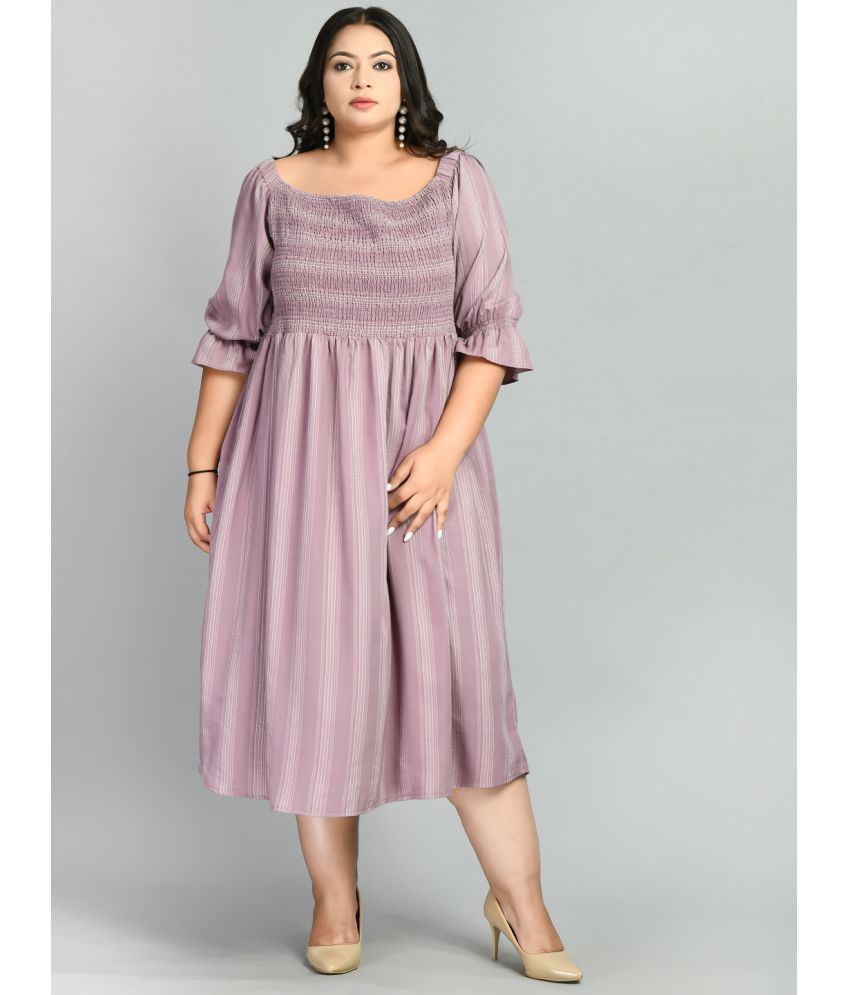     			PrettyPlus by Desinoor.com Viscose Striped Midi Women's Fit & Flare Dress - Lavender ( Pack of 1 )