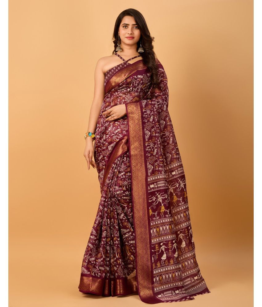     			Sanjana Silk Silk Blend Printed Saree With Blouse Piece - Wine ( Pack of 1 )