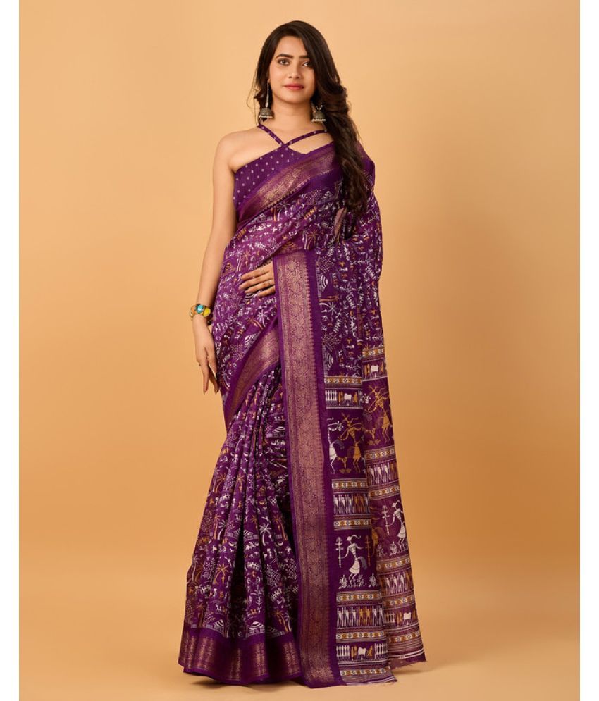     			Sitanjali Lifestyle Silk Blend Printed Saree With Blouse Piece - Lavender ( Pack of 1 )