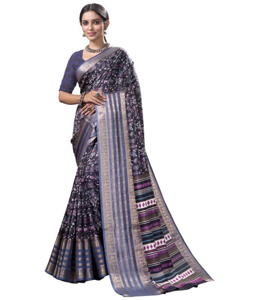     			Sitanjali Silk Blend Printed Saree With Blouse Piece - Black ( Pack of 1 )