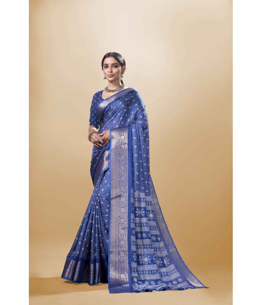     			Sitanjali Silk Blend Printed Saree With Blouse Piece - Navy Blue ( Pack of 1 )