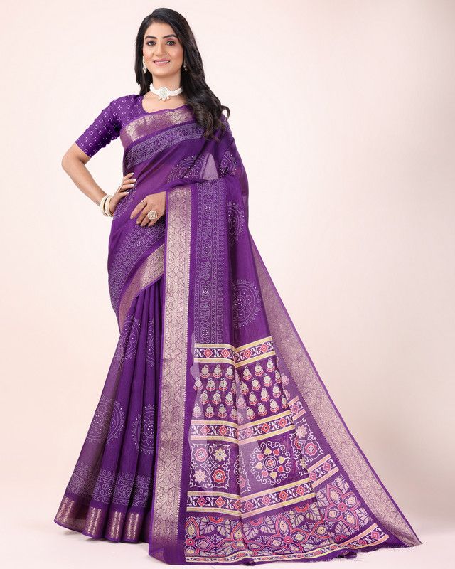     			Sitanjali Silk Blend Printed Saree With Blouse Piece - Lavender ( Pack of 1 )