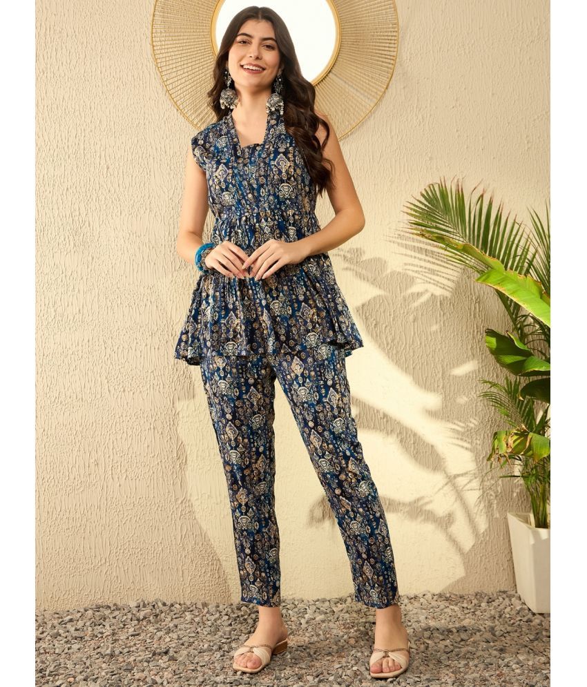     			Vaamsi Blue Printed Pant Top Set