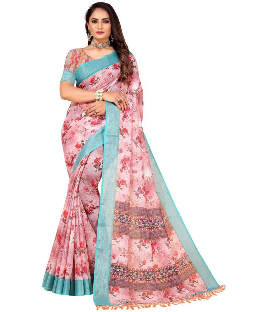     			AMTHI Linen Printed Saree With Blouse Piece - Multicolour ( Pack of 1 )