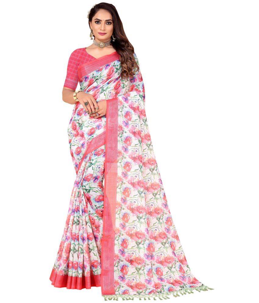     			AMTHI Linen Printed Saree With Blouse Piece - White ( Pack of 1 )