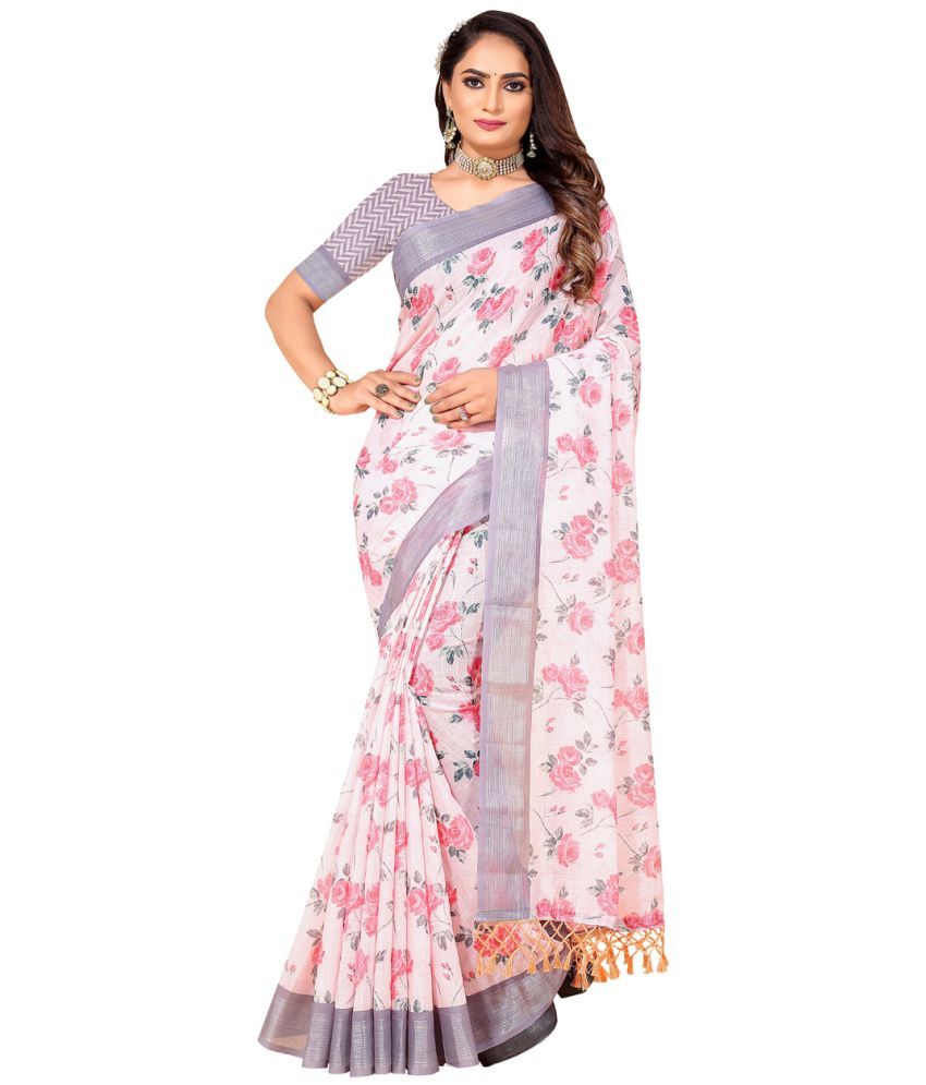     			AMTHI Linen Printed Saree With Blouse Piece - White ( Pack of 1 )