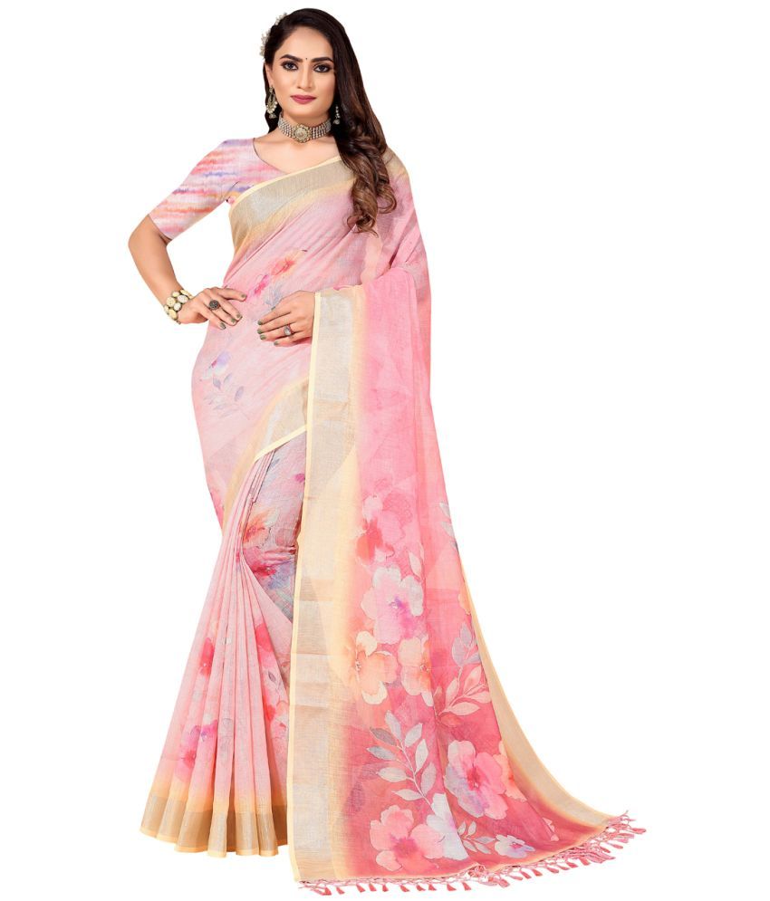     			AMTHI Linen Self Design Saree With Blouse Piece - Pink ( Pack of 1 )