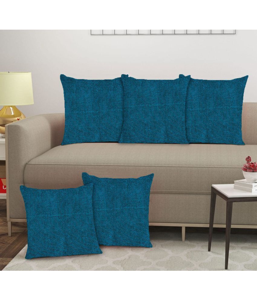     			Crosmo Set of 5 Jute Solid Square Cushion Cover (40X40)cm - Blue