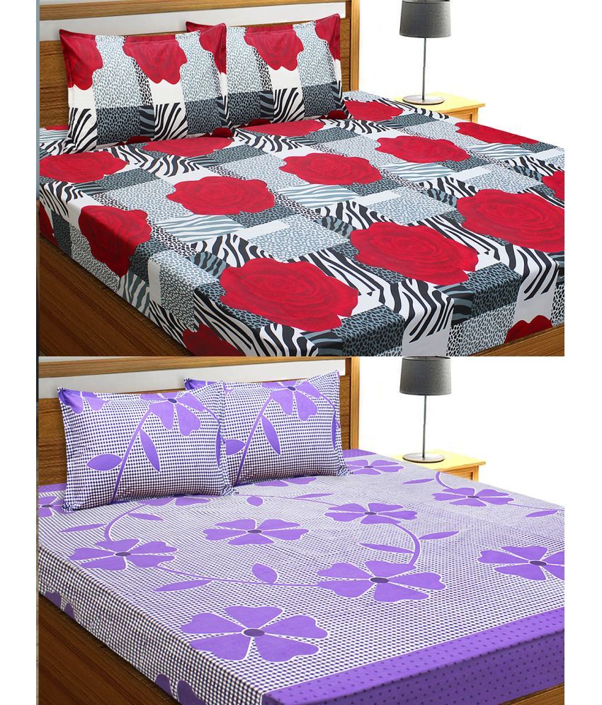     			Home Candy Cotton Floral 2 Double Bedsheet with 4 Pillow Covers - Red