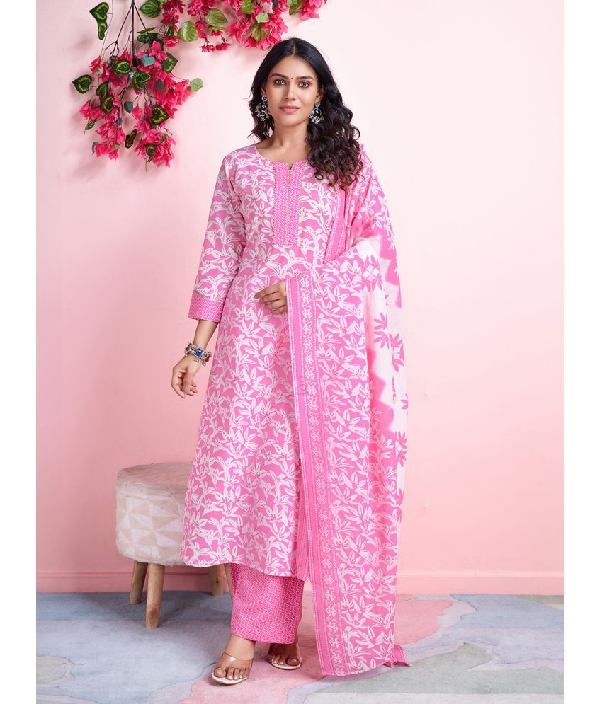     			MOJILAA Cotton Printed Kurti With Salwar Women's Stitched Salwar Suit - Pink ( Pack of 1 )