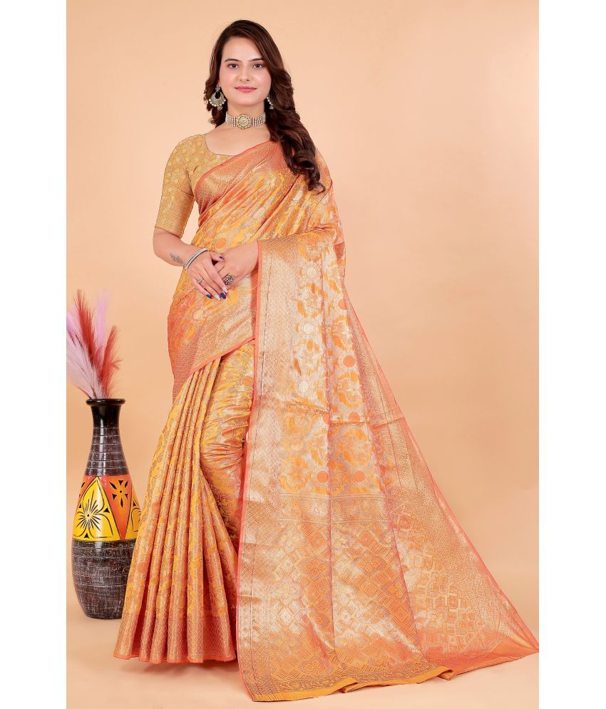     			Raj Vivah Jacquard Embellished Saree With Blouse Piece - Gold ( Pack of 1 )