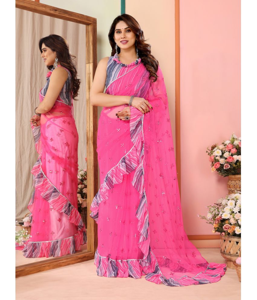     			Rangita Net Embellished Saree With Blouse Piece - Pink ( Pack of 1 )