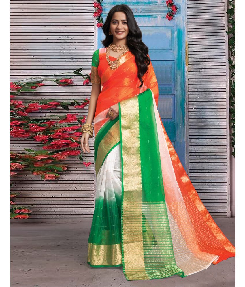     			Samah Organza Colorblock Saree With Blouse Piece - Multicolor ( Pack of 1 )