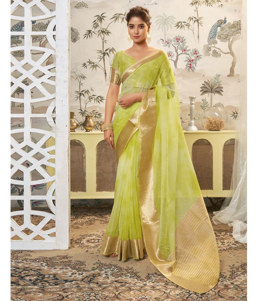     			Samah Organza Embellished Saree With Blouse Piece - Light Green ( Pack of 1 )