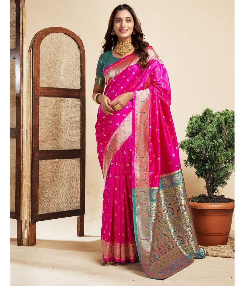     			Samah Silk Blend Embellished Saree With Blouse Piece - Magenta ( Pack of 1 )