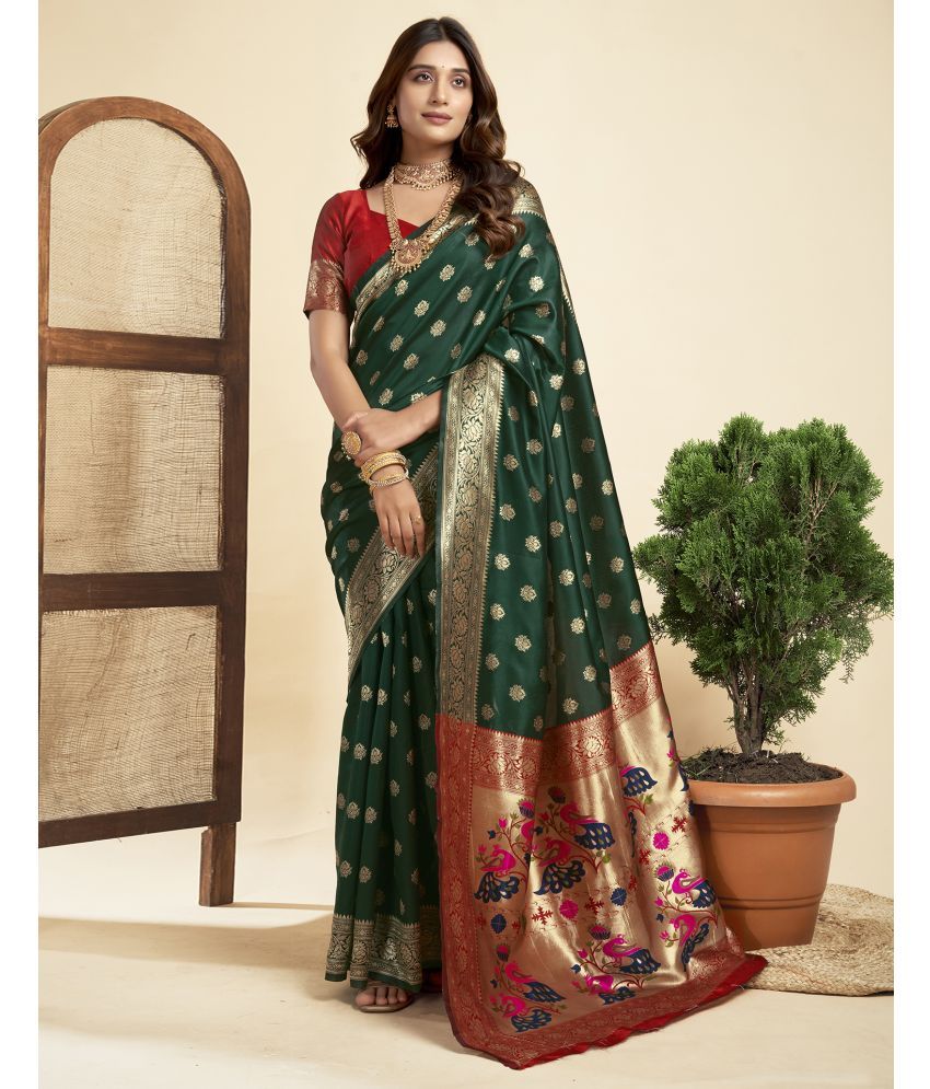     			Samah Silk Blend Printed Saree With Blouse Piece - Green ( Pack of 1 )