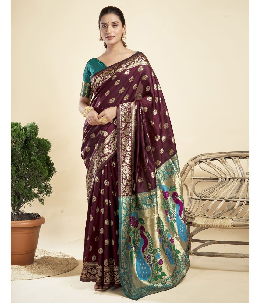     			Samah Silk Blend Printed Saree With Blouse Piece - Maroon ( Pack of 1 )