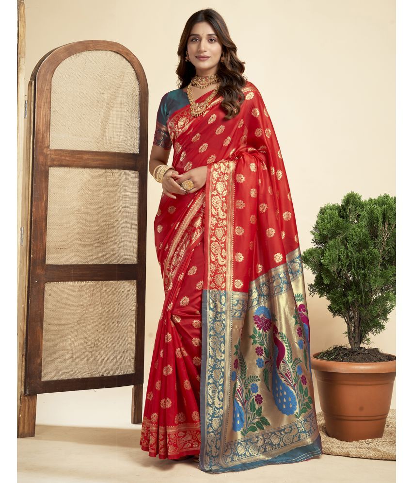     			Samah Silk Blend Printed Saree With Blouse Piece - Red ( Pack of 1 )