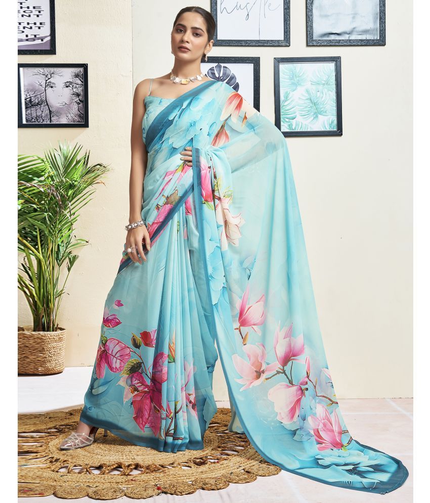     			Satrani Georgette Printed Saree With Blouse Piece - Light Blue ( Pack of 1 )