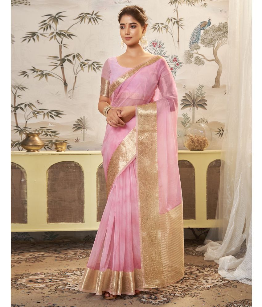     			Satrani Organza Embellished Saree With Blouse Piece - Pink ( Pack of 1 )