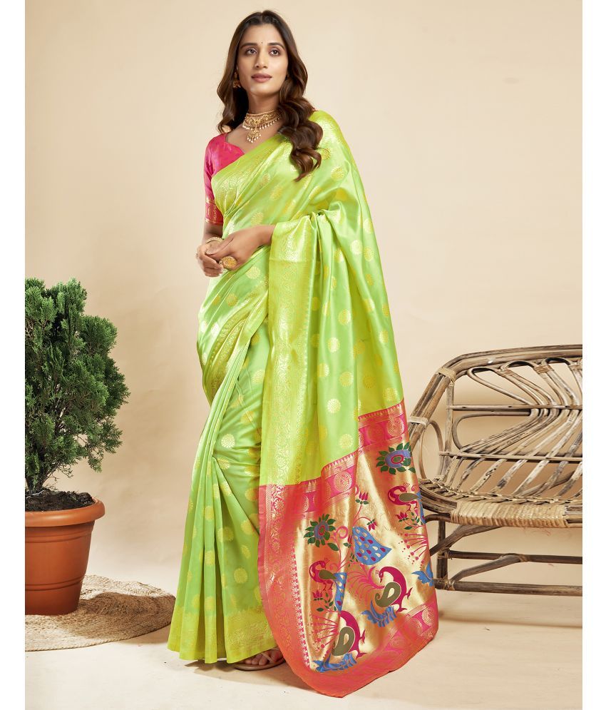     			Satrani Silk Blend Embellished Saree With Blouse Piece - Lime Green ( Pack of 1 )