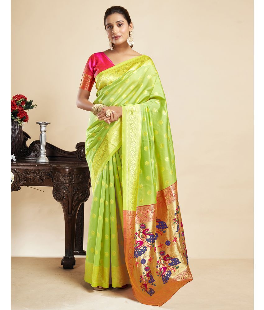     			Satrani Silk Blend Embellished Saree With Blouse Piece - Lime Green ( Pack of 1 )