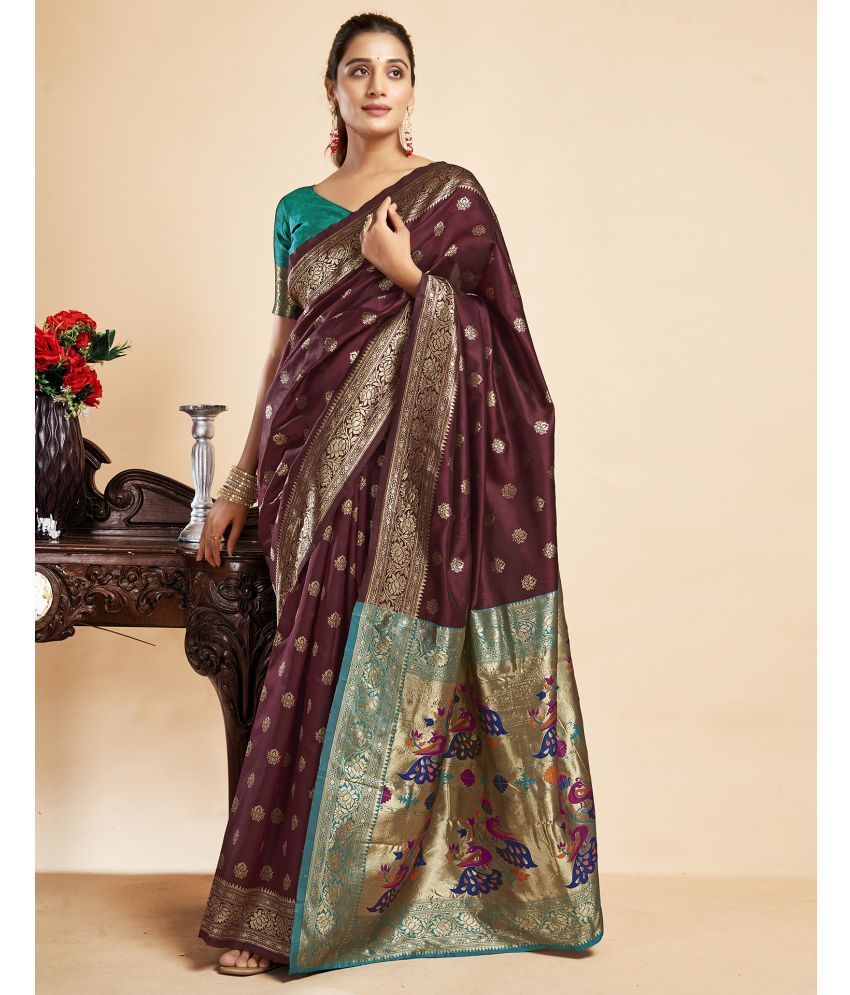     			Satrani Silk Blend Embellished Saree With Blouse Piece - Brown ( Pack of 1 )