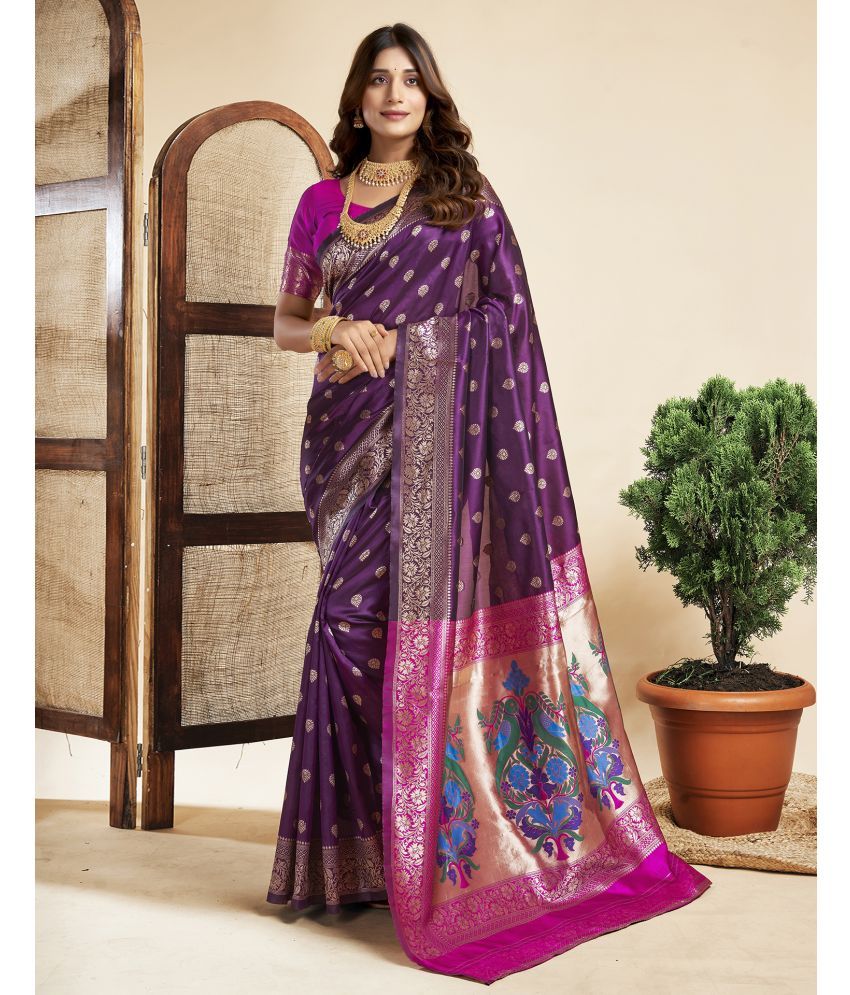     			Satrani Silk Blend Self Design Saree With Blouse Piece - Purple ( Pack of 1 )