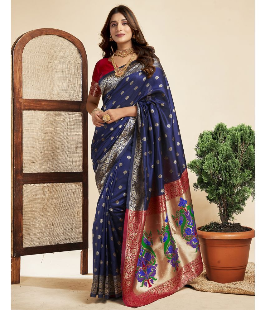     			Satrani Silk Blend Self Design Saree With Blouse Piece - Navy Blue ( Pack of 1 )