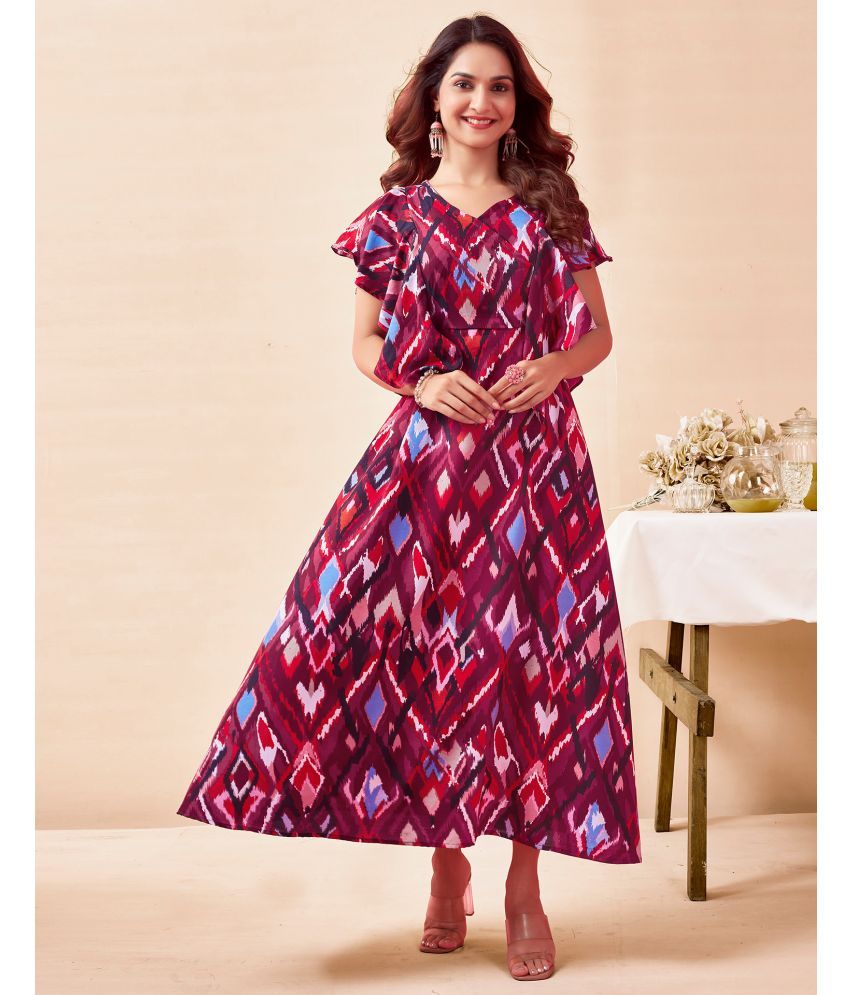     			Selvia Rayon Printed Ankle Length Women's A-line Dress - Wine ( Pack of 1 )