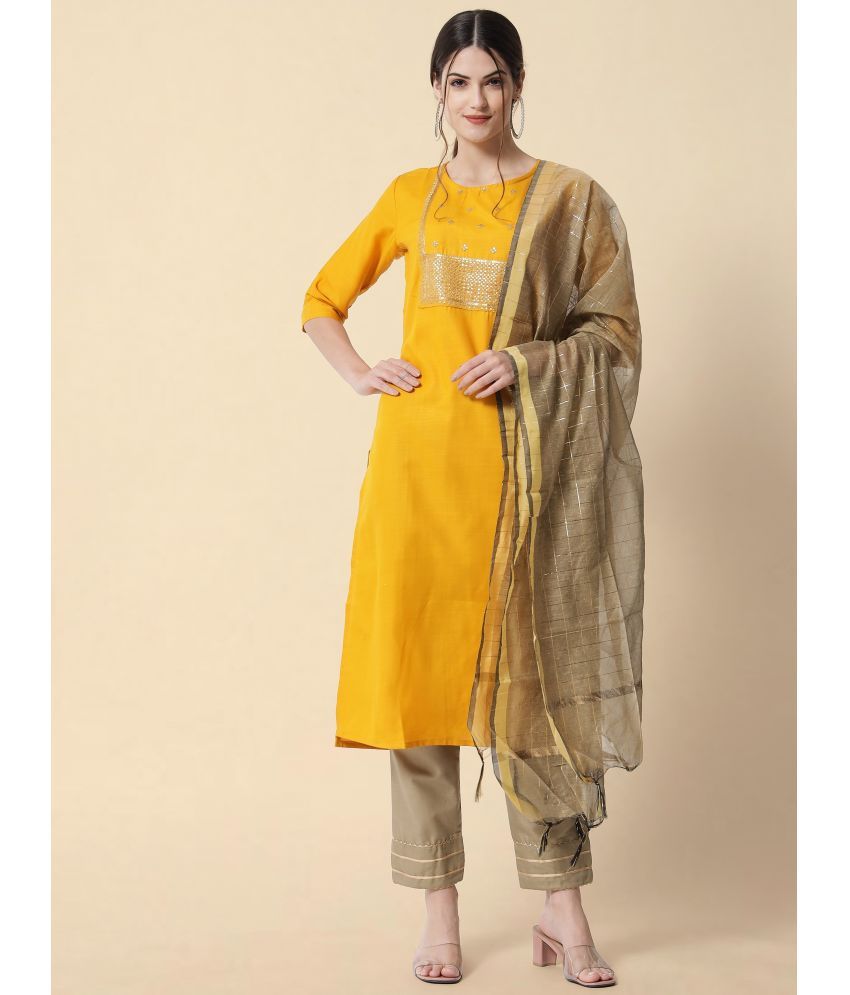     			VredeVogel Cotton Blend Embellished Kurti With Pants Women's Stitched Salwar Suit - Yellow ( Pack of 1 )