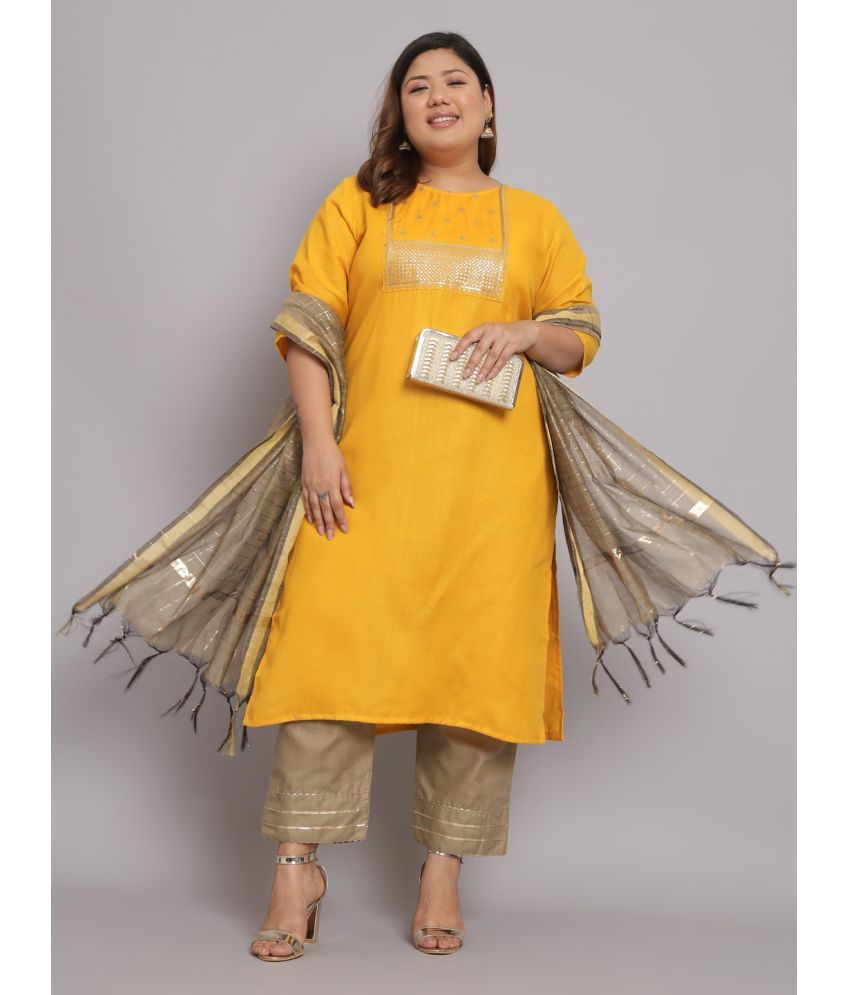     			VredeVogel Cotton Blend Embellished Kurti With Pants Women's Stitched Salwar Suit - Yellow ( Pack of 1 )