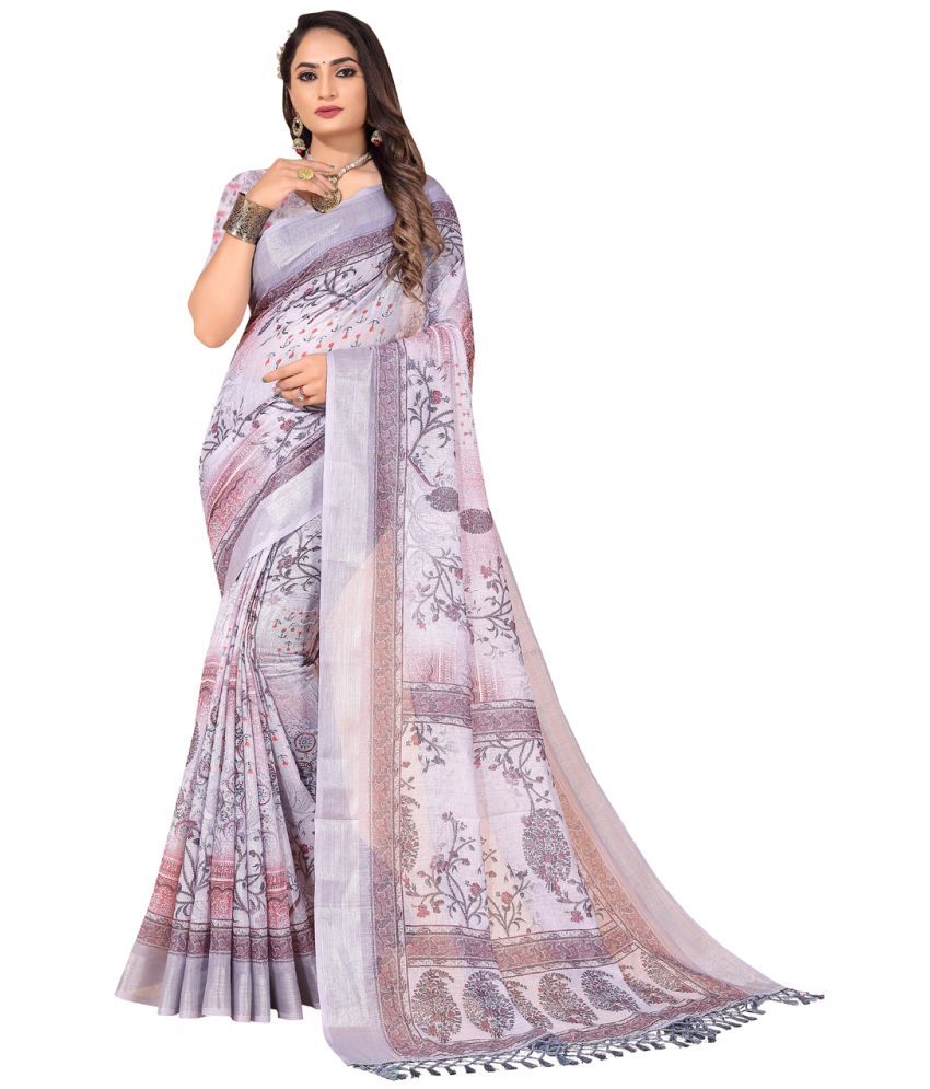     			AMTHI Linen Printed Saree With Blouse Piece - Grey ( Pack of 1 )