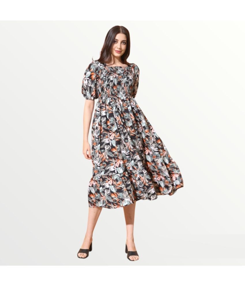     			Femvy Polyester Printed Midi Women's Fit & Flare Dress - Black ( Pack of 1 )