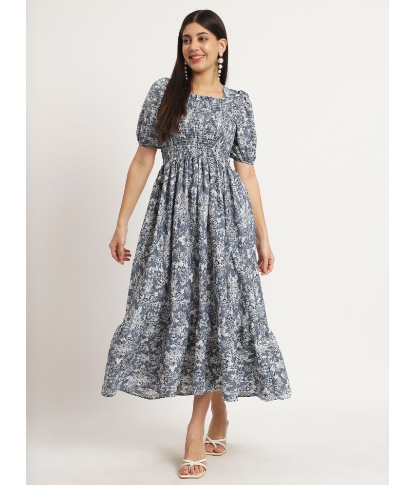     			Femvy Polyester Printed Midi Women's Fit & Flare Dress - Blue ( Pack of 1 )