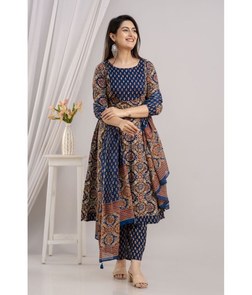     			Frionkandy Cotton Printed Kurti With Pants Women's Stitched Salwar Suit - Navy Blue ( Pack of 1 )