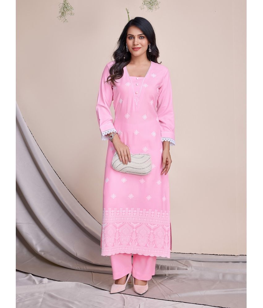     			MOJILAA Rayon Embroidered Kurti With Palazzo Women's Stitched Salwar Suit - Pink ( Pack of 1 )