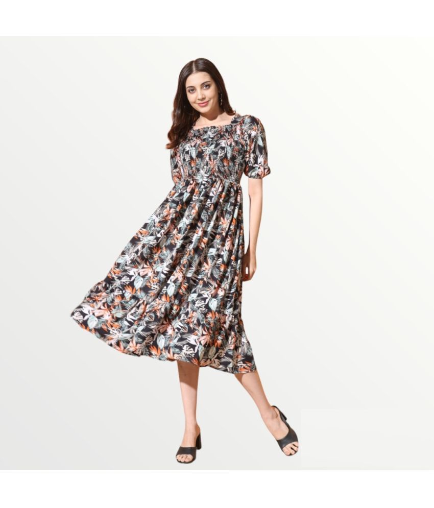     			RAIYANI FASHION Polyester Printed Midi Women's Fit & Flare Dress - Black ( Pack of 1 )