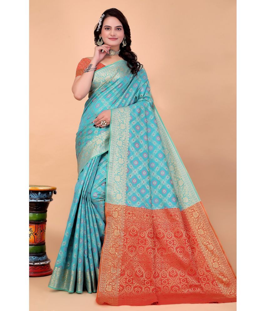     			Raj Vivah Silk Blend Embellished Saree With Blouse Piece - LightBLue ( Pack of 1 )