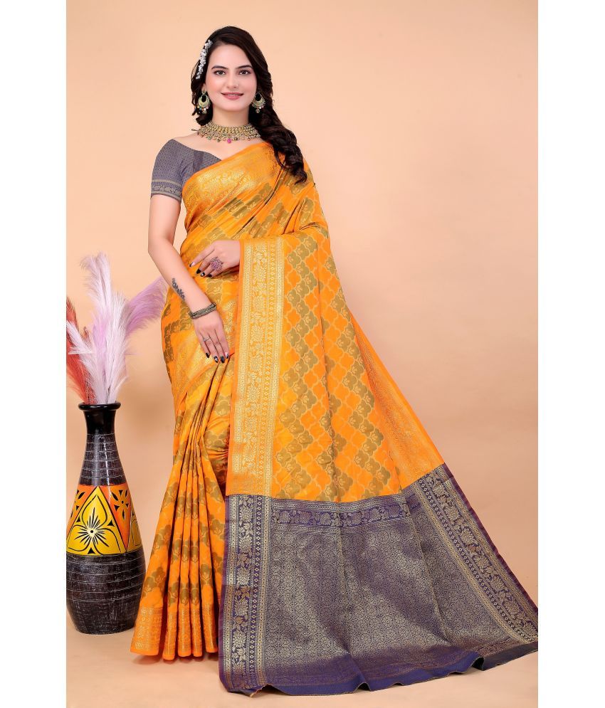     			Raj Vivah Silk Blend Embellished Saree With Blouse Piece - Yellow ( Pack of 1 )