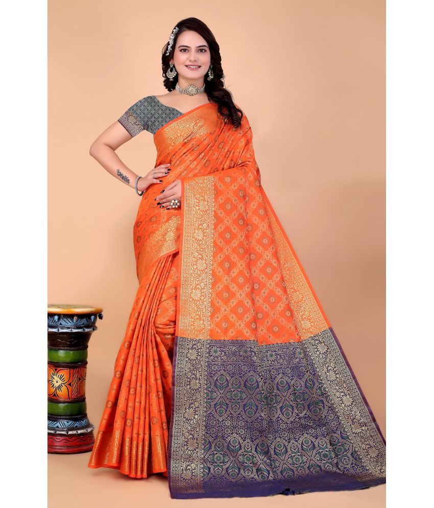     			Raj Vivah Silk Blend Embellished Saree With Blouse Piece - Orange ( Pack of 1 )