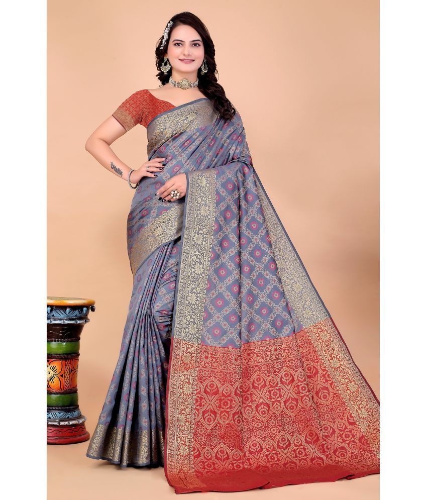     			Raj Vivah Silk Blend Embellished Saree With Blouse Piece - Grey ( Pack of 1 )