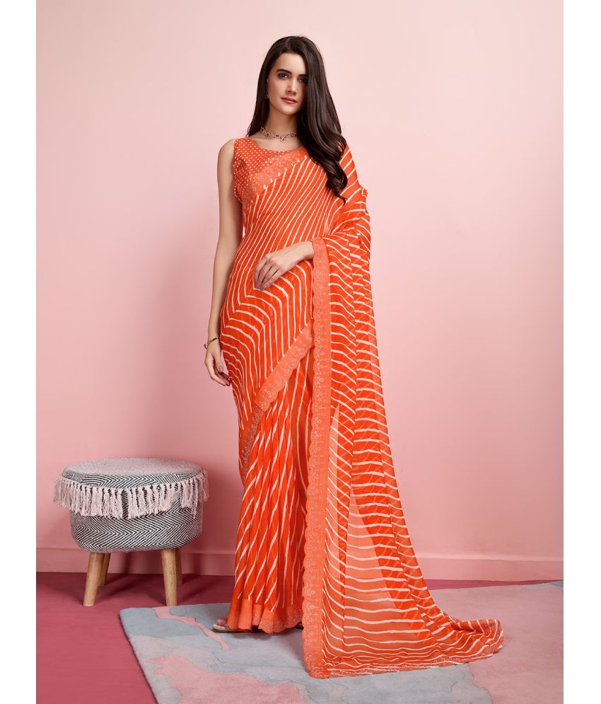     			Rekha Maniyar Chiffon Striped Saree With Blouse Piece - Coral ( Pack of 1 )