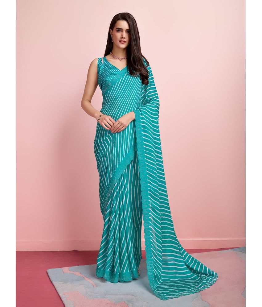     			Rekha Maniyar Chiffon Striped Saree With Blouse Piece - Turquoise ( Pack of 1 )