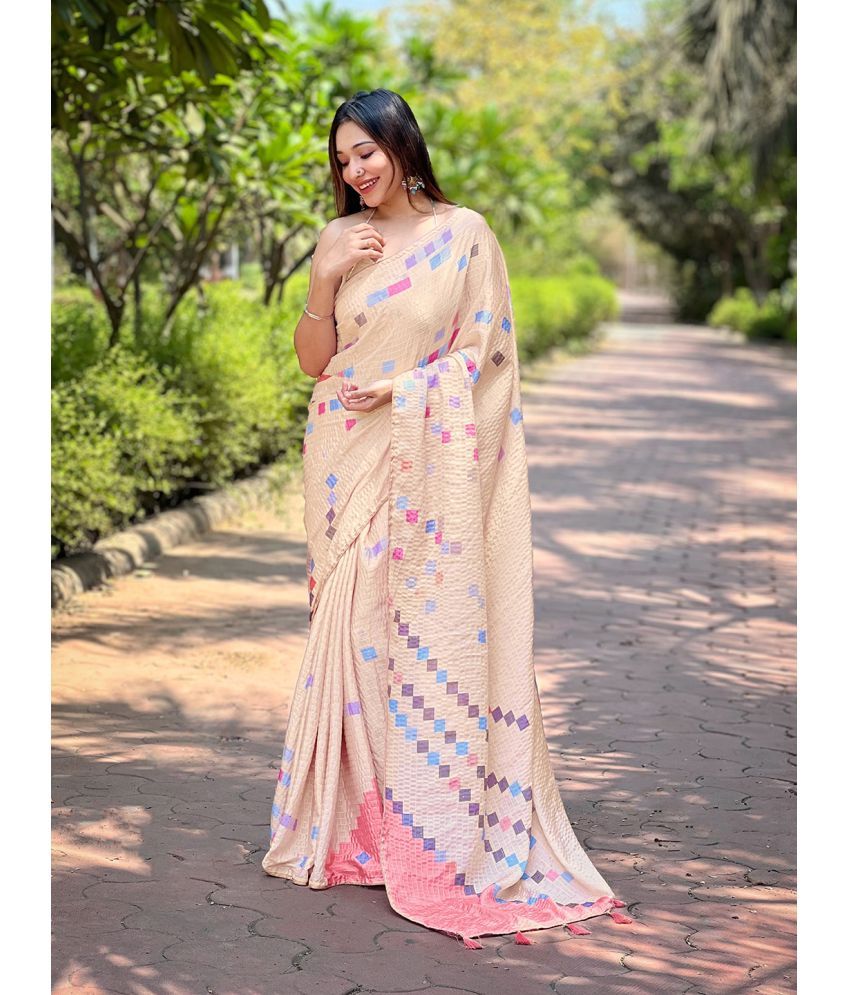     			Rekha Maniyar Satin Printed Saree With Blouse Piece - Cream ( Pack of 1 )