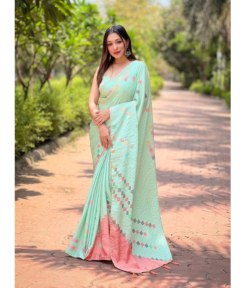     			Rekha Maniyar Satin Printed Saree With Blouse Piece - LightGreen ( Pack of 1 )